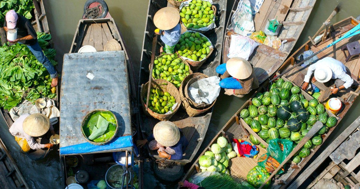 Aerial View Of Boats At A Floating Market In Vietnam